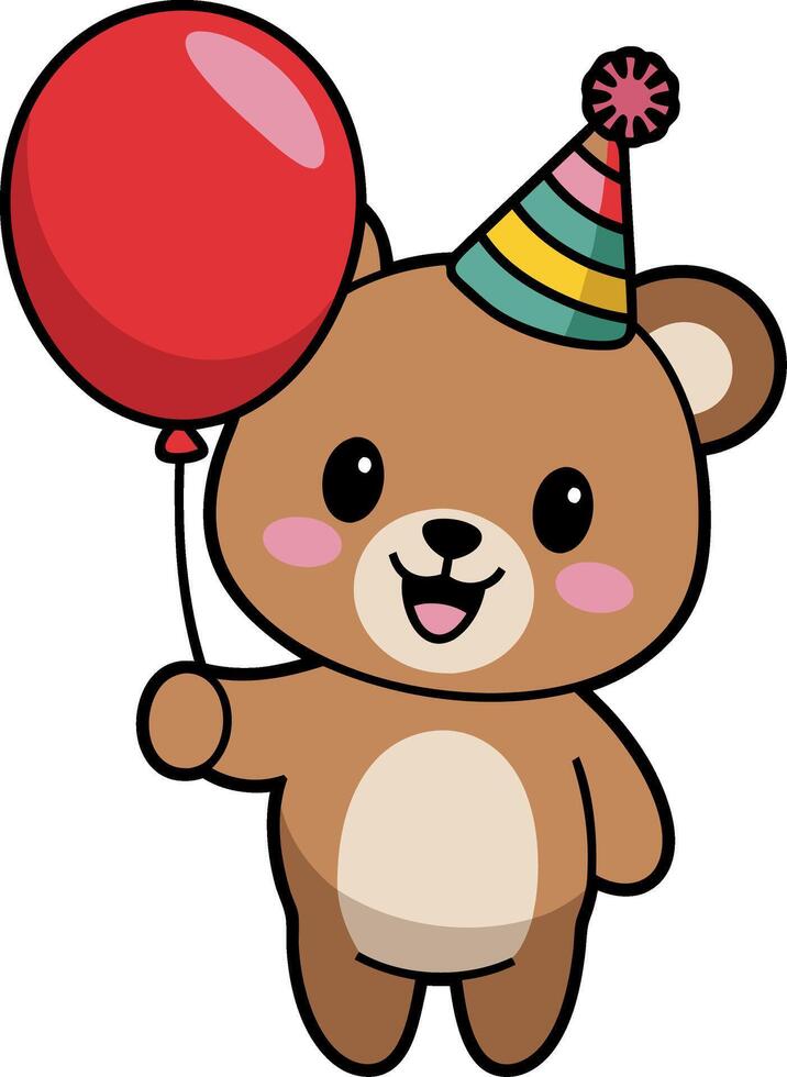 Cute Bear with Birthday Hat and Red Balloon Illustration vector