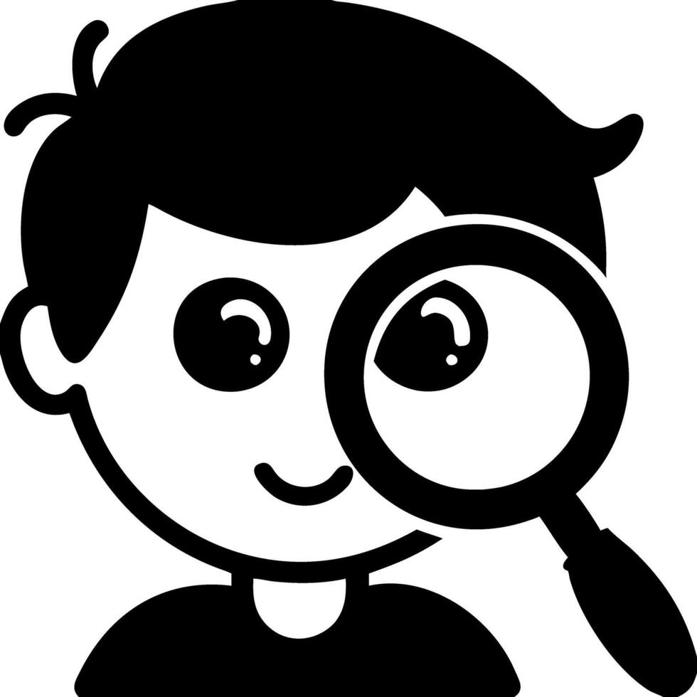 Curious Child Looking Through Magnifying Glass Black and White Illustration vector