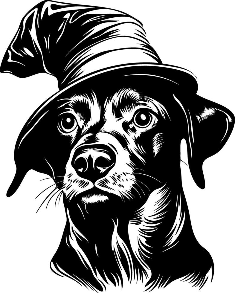 Dog with Witch Hat Halloween Illustration for Tattoos or Coloring Books vector