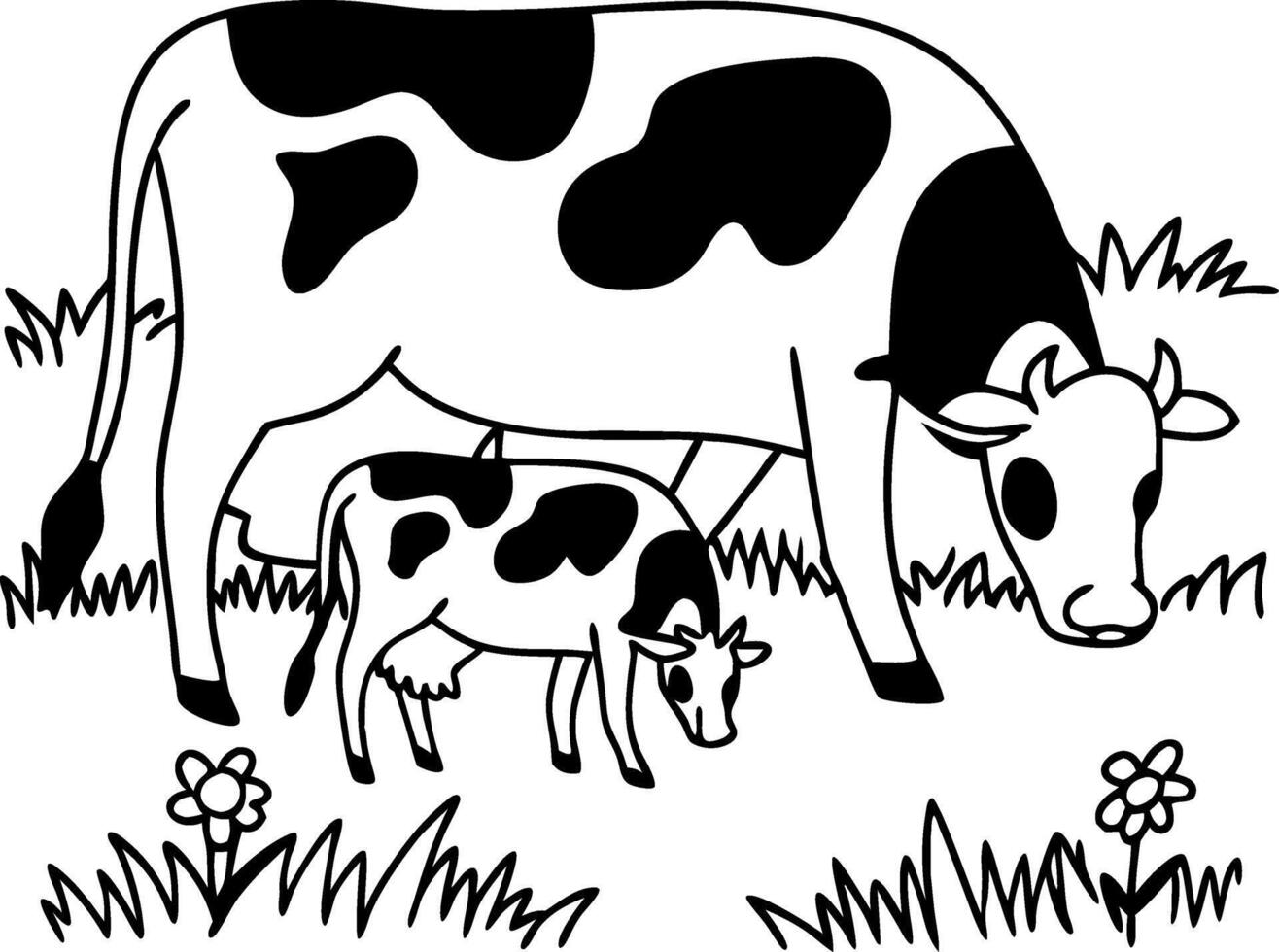 Farm Animals Calf and Cow Grazing in Pasture Art for Kids and Educational Use vector