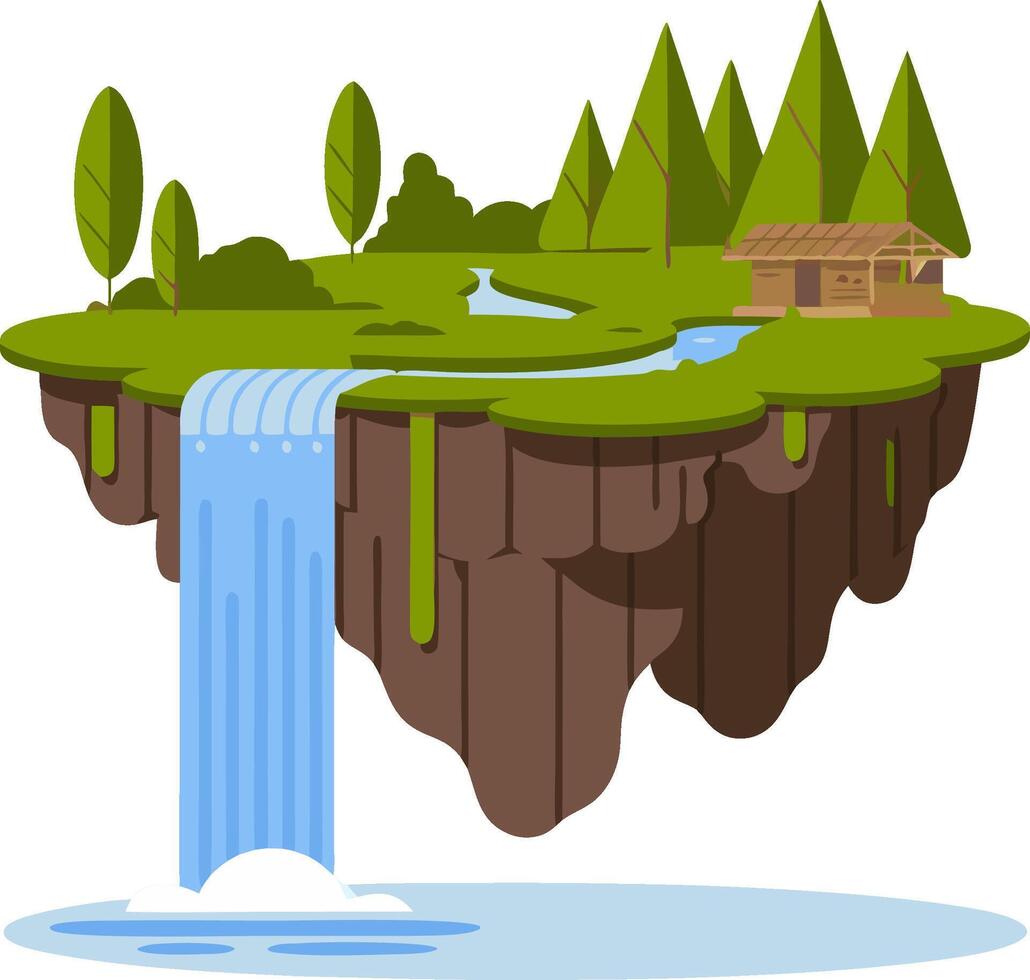 Floating Island Landscape with Waterfall and Cabin in Forest vector