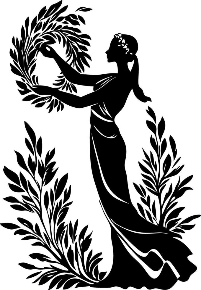 Elegant Goddess Silhouette Holding Laurel Wreath for Tattoo or Art Design vector