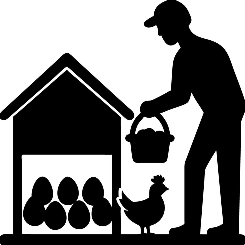 Farmer Collecting Eggs from Chicken Coop Silhouette for Agricultural Design vector