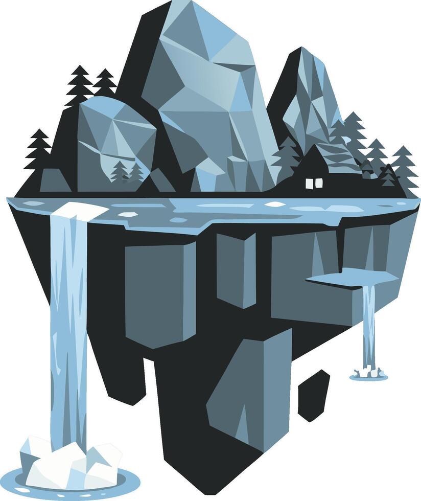 Floating Island with Waterfalls Geometric Art for Design and Decoration vector