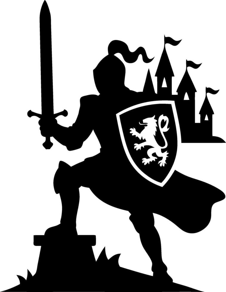 Medieval Knight Silhouette with Sword and Castle for Tattoo or Decoration vector