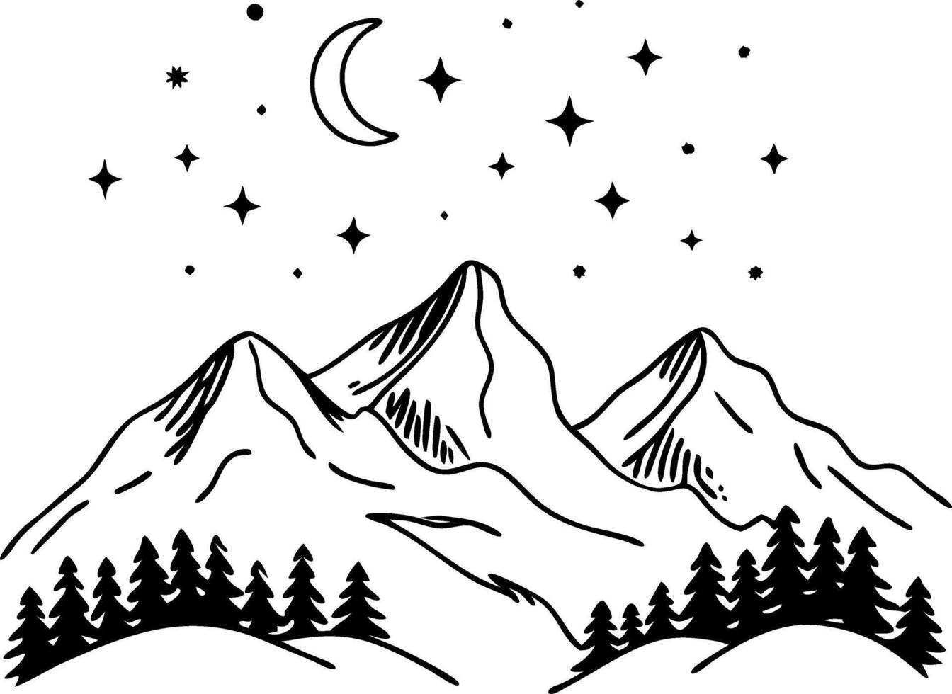 Majestic Mountain Range Under Starry Night Sky with Crescent Moon Illustration vector