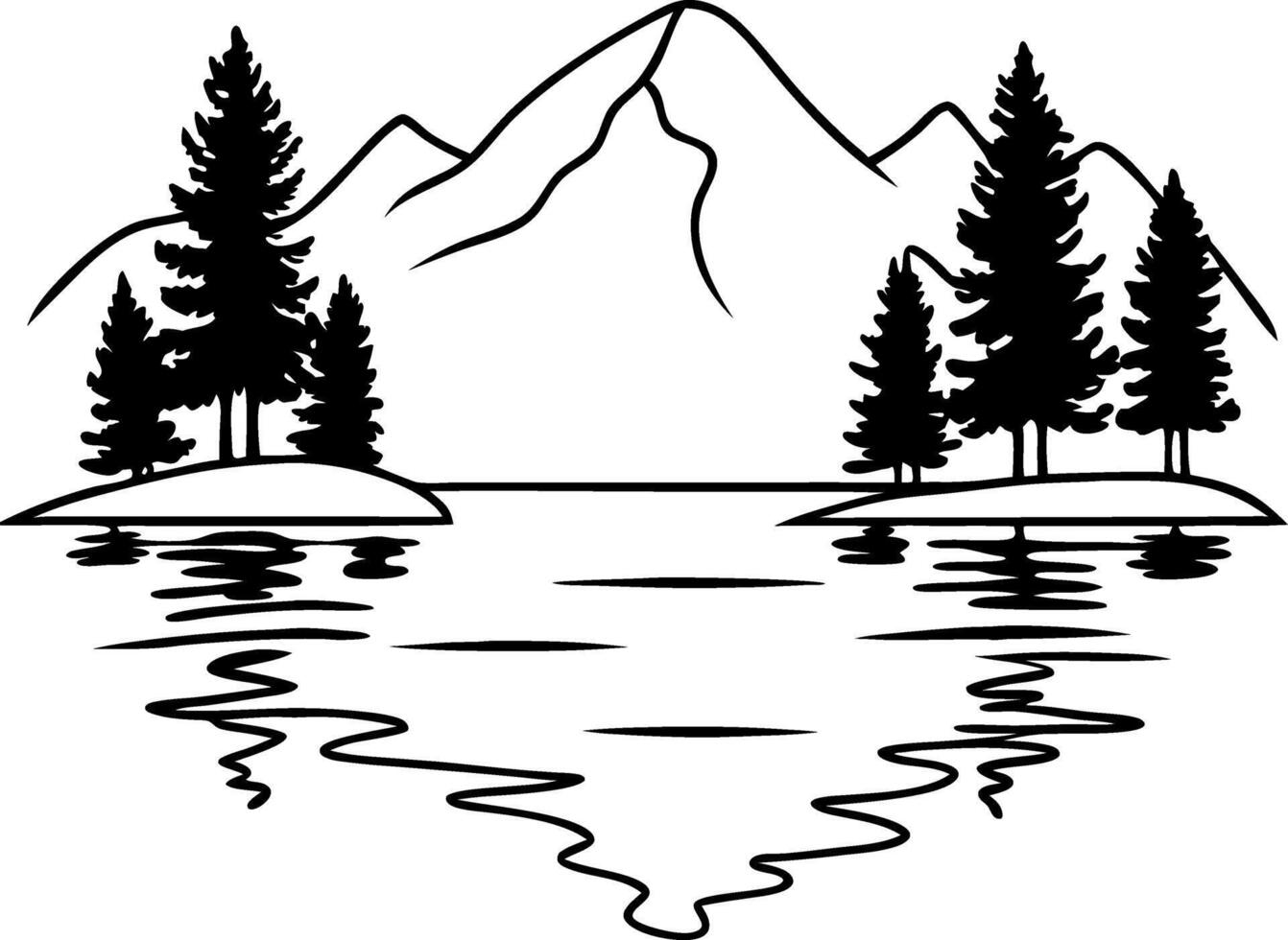 Mountain Lake Silhouette Scene with Pine Trees and Reflections Art vector