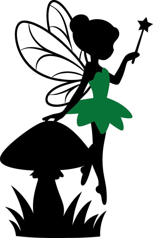Magical Fairy Silhouette with Wand and Mushroom Illustration vector