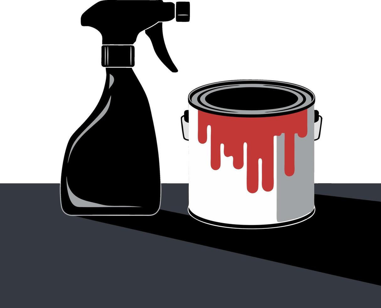 Paint Can With Red Drips and Black Spray Bottle Illustration vector