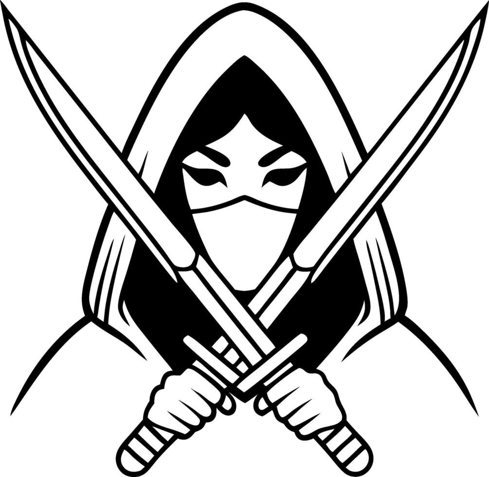 Mysterious Ninja Warrior with Swords Art for Tattoos and Coloring Books vector
