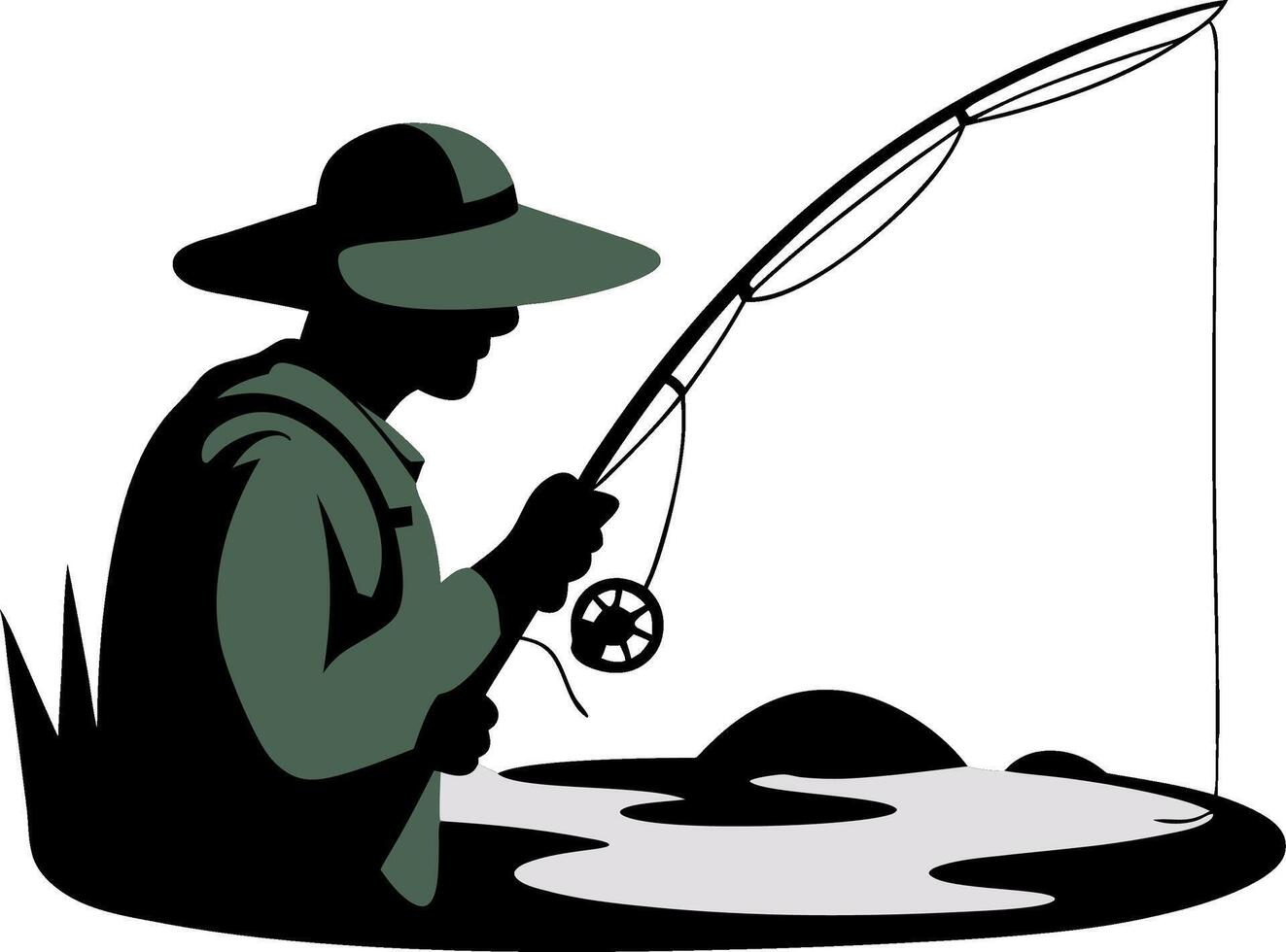 Silhouette of Man Fly Fishing in Lake with Rod and Hat Art vector