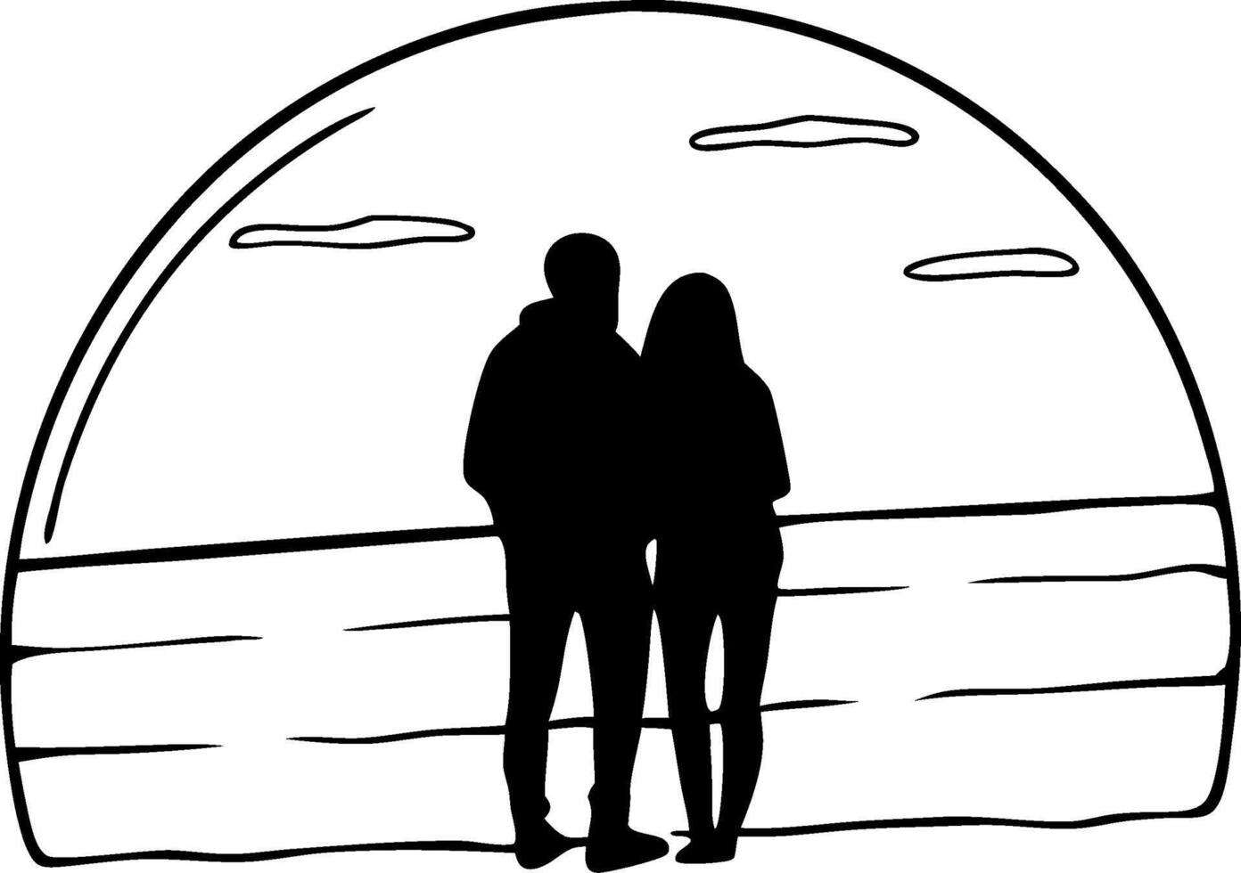 Romantic Couple Silhouette Watching Ocean Sunset for Posters and Tattoos vector