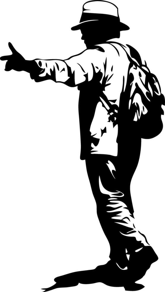 Silhouette of Traveler with Backpack and Hat Pointing Forward vector