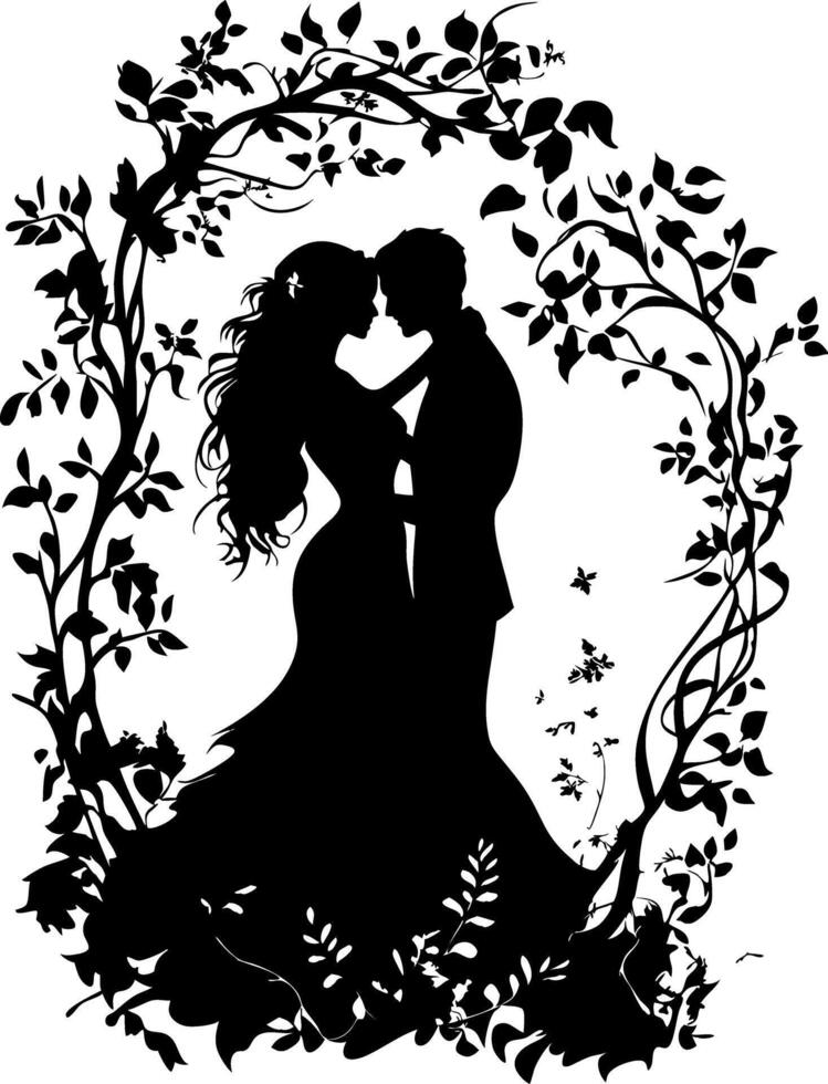 Romantic Couple Silhouette Embracing in Floral Frame for Wedding Art and Romance Themes vector