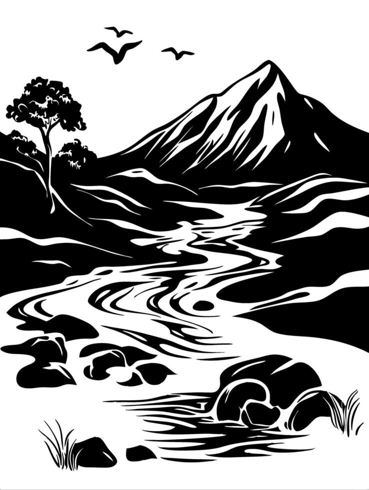 Scenic Mountain Stream Landscape Illustration for Nature Art and Decoration vector