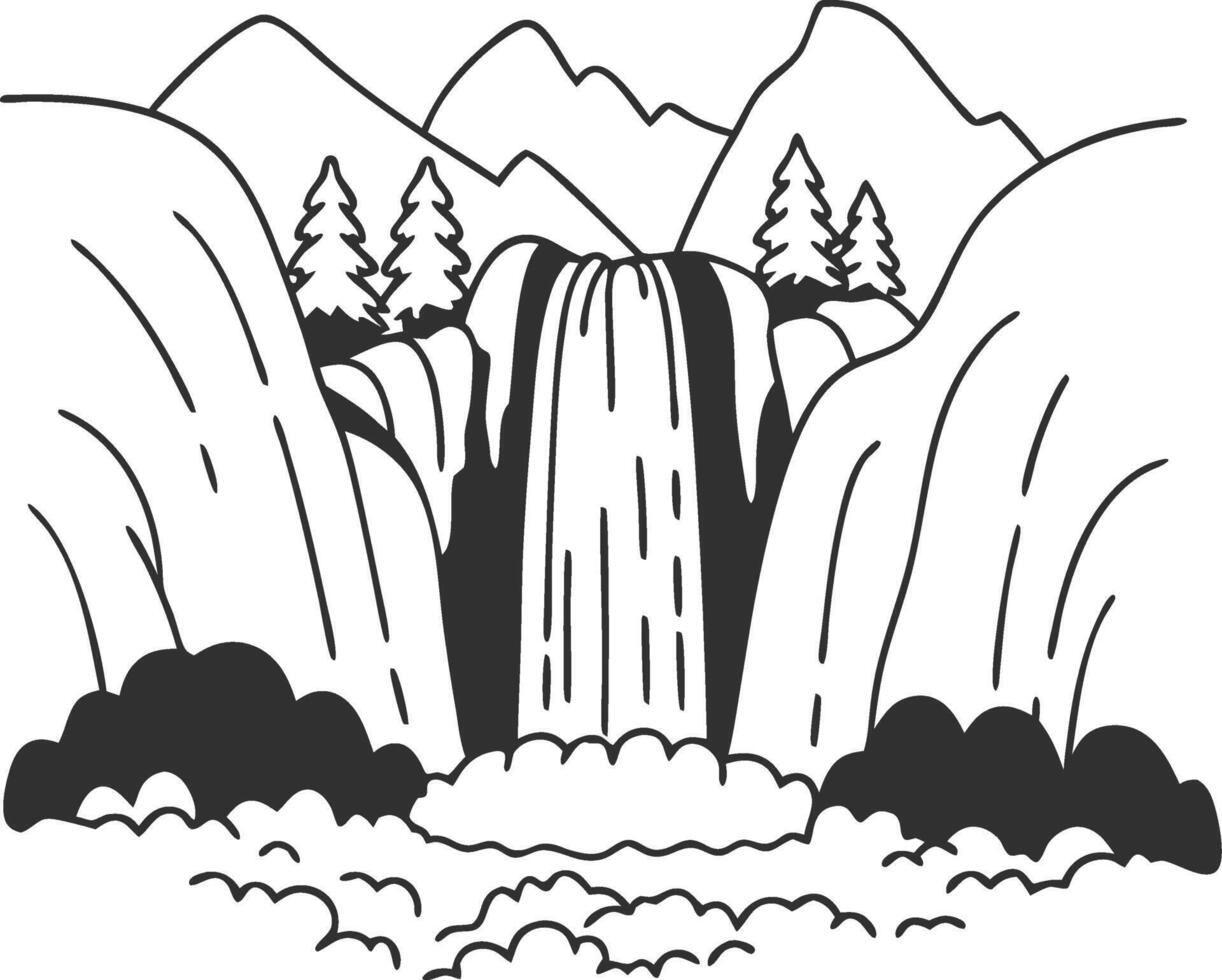 Scenic Waterfall Illustration with Mountains and Pine Trees Art vector