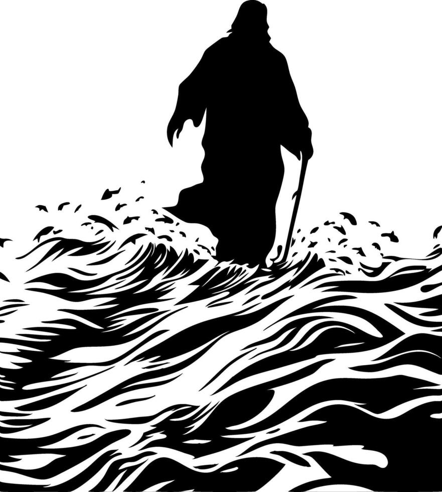 Silhouette of Figure Walking on Rough Sea Water Waves Illustration vector