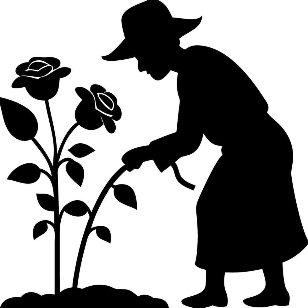 Silhouette of Gardener Watering Roses Illustration for Gardening and Horticulture Design vector