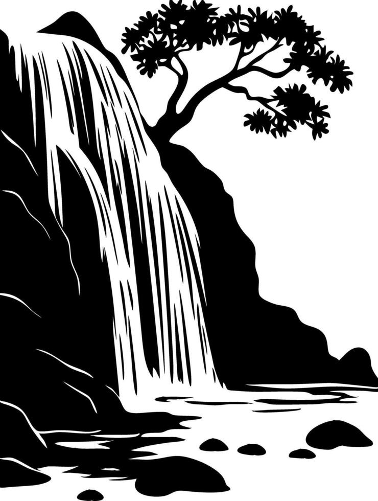 Tranquil Waterfall with Tree Silhouette Art for Relaxation and Design Projects vector
