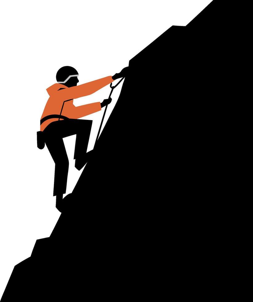 Silhouette of Man Rock Climbing in Orange Jacket on Mountainside vector
