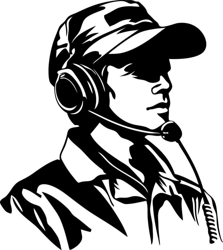 Illustration of Pilot Headset Portrait in Black Silhouette with Cap vector