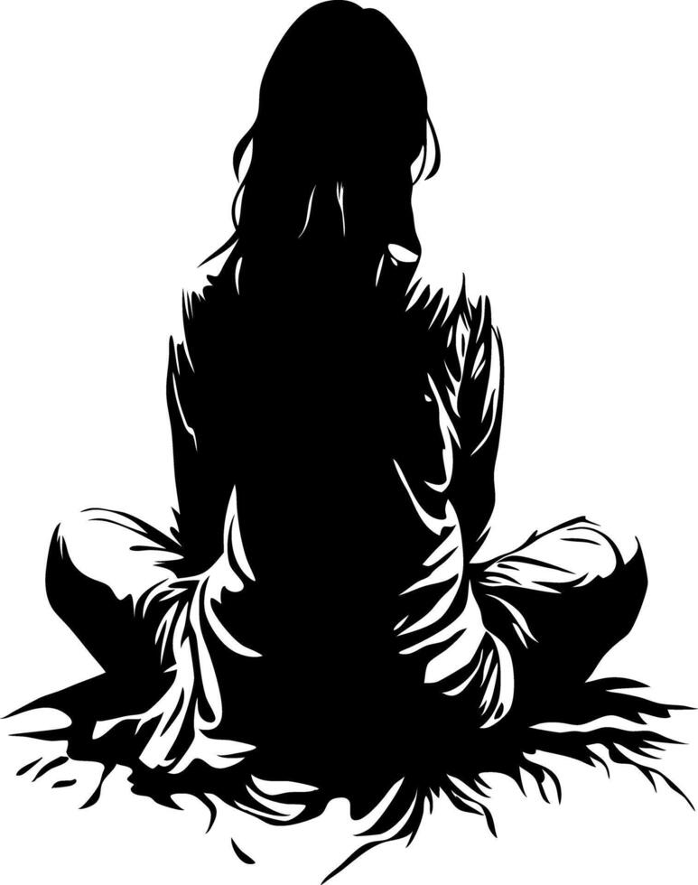 Silhouette of Woman Sitting in Meditation Peaceful Art Design vector