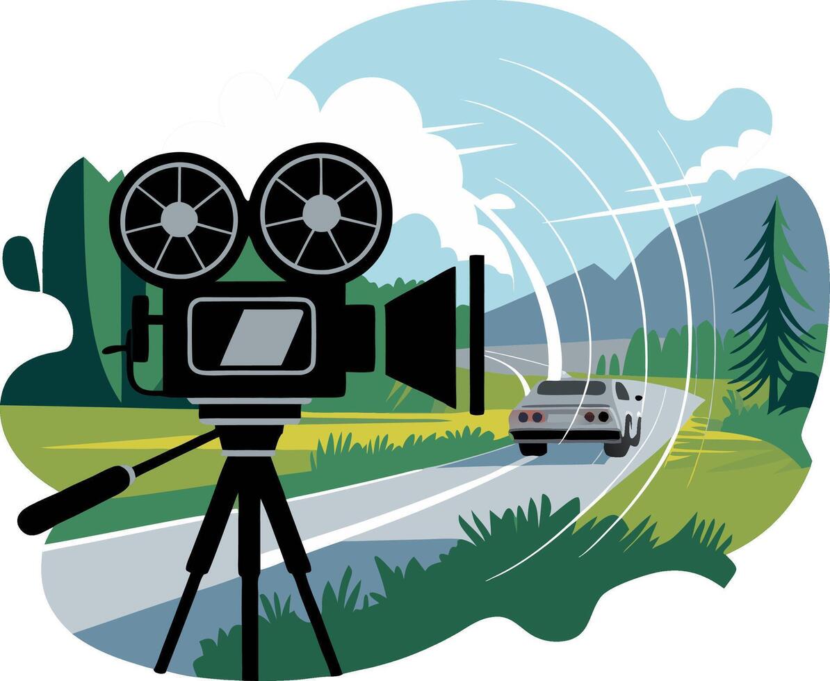 Vintage Film Camera Recording Car in Scenic Mountain Landscape vector