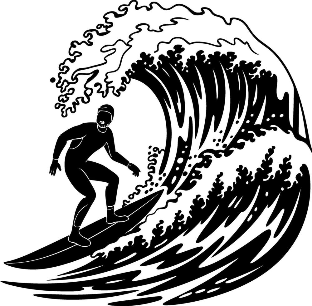 Surfer Riding Giant Wave Illustration for Tattoo or Poster Design vector