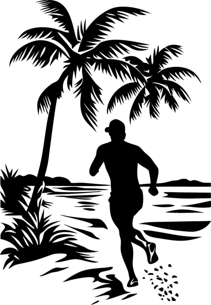 Tropical Beach Runner Silhouette with Palm Trees Art vector