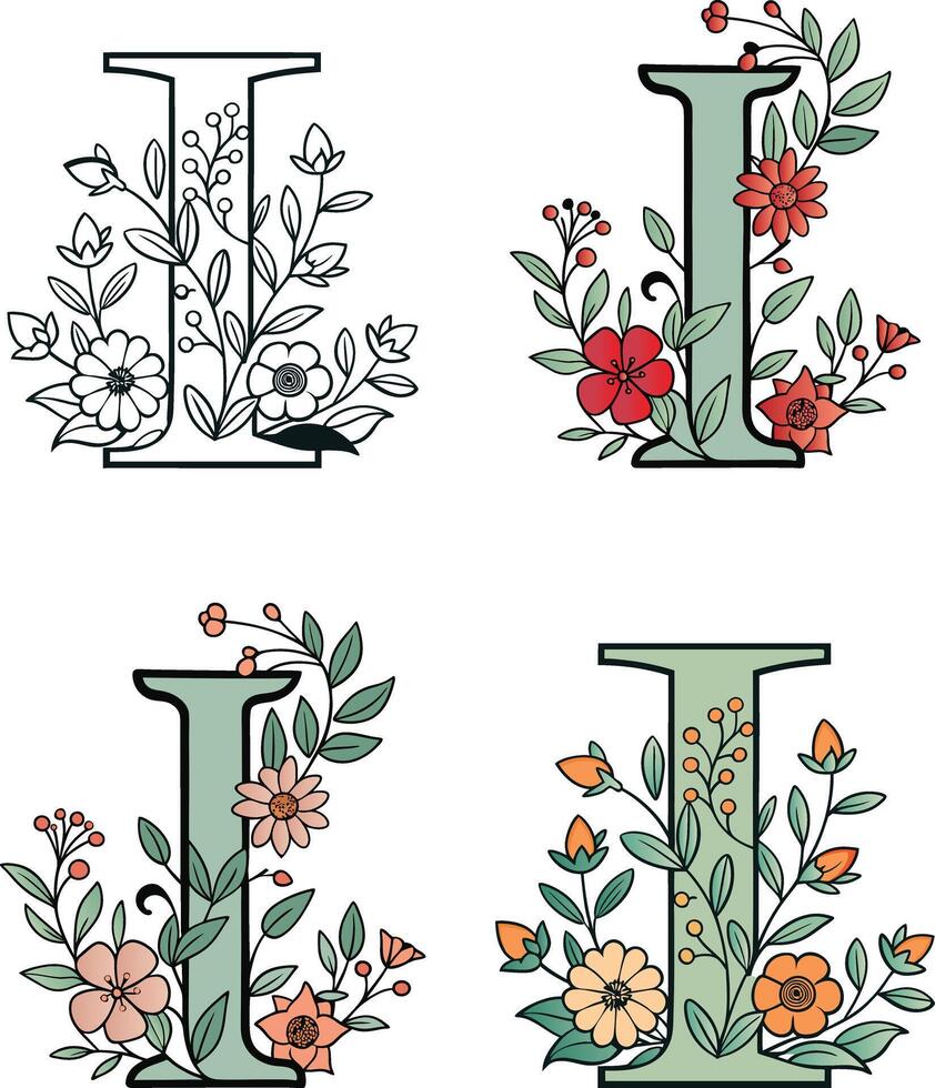 Floral Letter I Monogram vector
