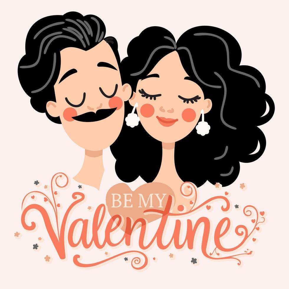 Happy Valentine's Day. Be my Valentine. Cute cartoon couple. illustration with lettering vector