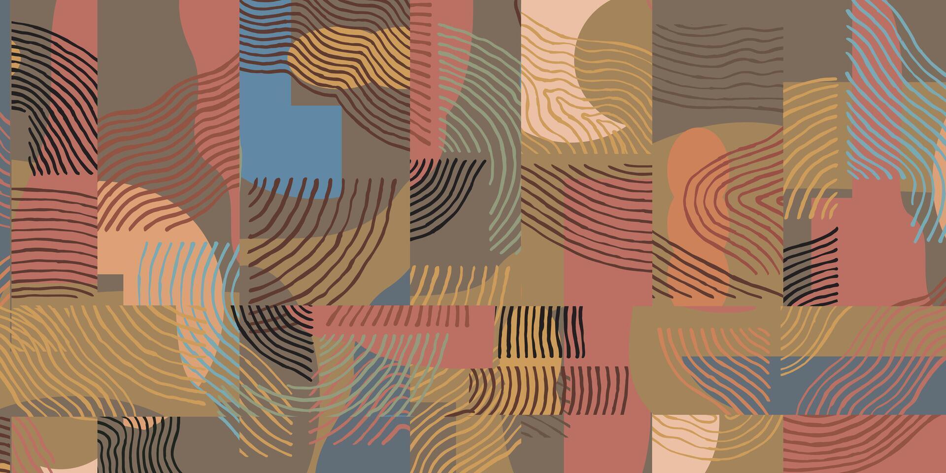 Crafted hand drawn brush line abstract patchwork pattern, Japanese and ethnic folk inspired wood carving, wood block, engraving textured background, minimal folk style graphic for carpet, textile vector