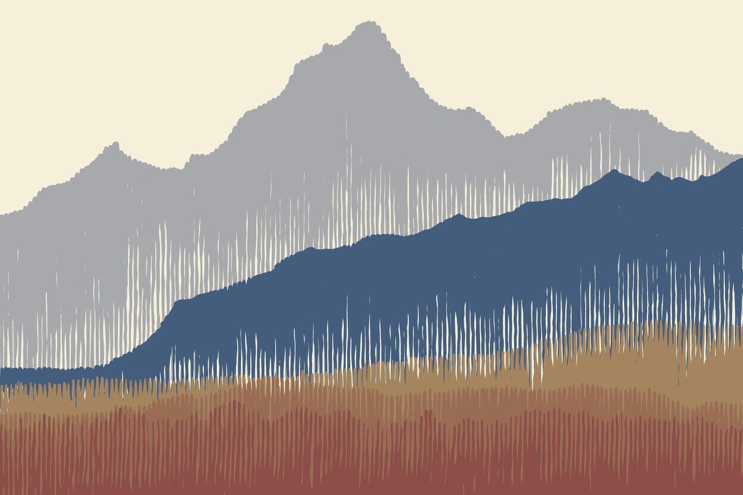 Crafted hand drawn brush line mountains background, Japanese inspired tribal wood carving, wood block, engraving textured, minimal folk style landscape for carpet, textile, vector