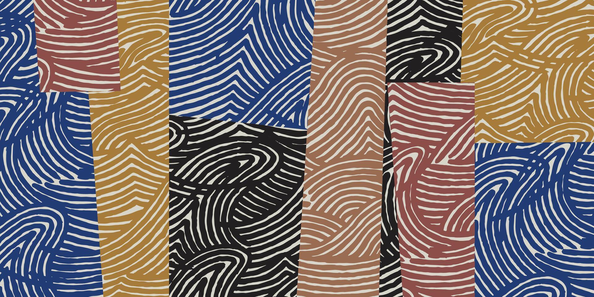 Crafted hand drawn wave brush line abstract collage pattern, Japanese and ethnic folk inspired tribal wood carving, engraving textured, minimal patchwork graphic for carpet, textile vector