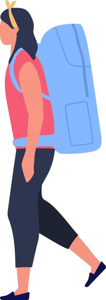 Young woman tourist is walking with backpack enjoying summer vacation, travelling and backpacking concept, flat illustration isolated on white background vector