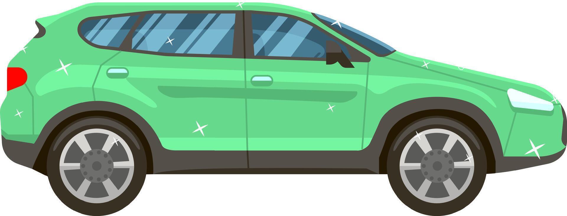 Sparkling clean green crossover car parked after professional auto detailing and washing, representing car cleaning services, maintenance and vehicle care vector