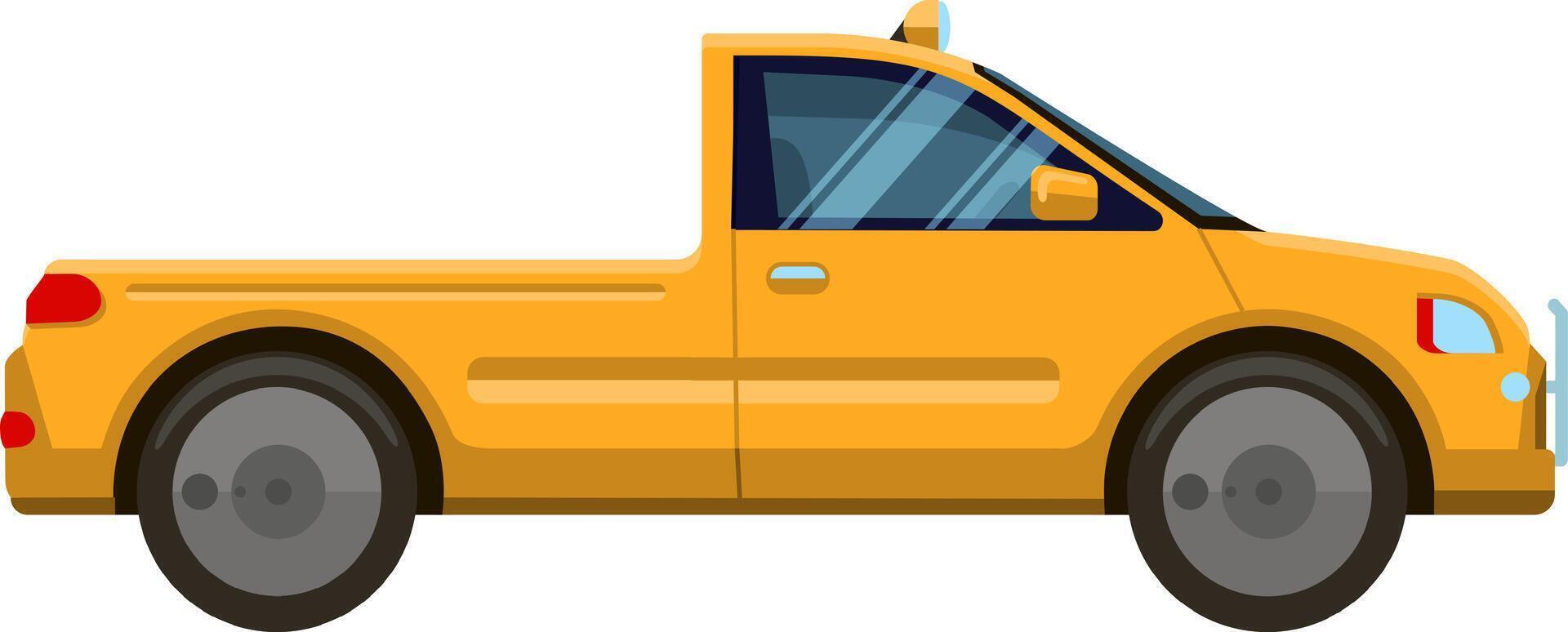 Modern yellow pickup truck showing left side view with two doors and empty trunk is parked on white background, representing transportation, delivery, and urban logistics vector