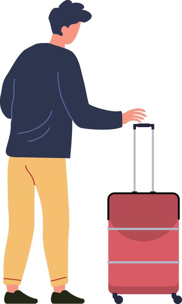 Businessman walking with his trolley luggage at the airport terminal, going to boarding gate, business trip or vacation concept, simple flat illustration on white background vector