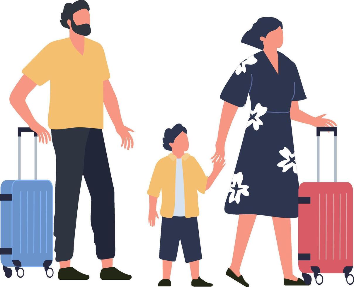 Family with rolling suitcases walking through airport terminal, going on vacation or business trip, parents and child traveling together, modern flat illustration vector