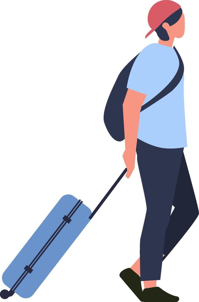 Young male tourist wearing casual clothes and a baseball cap walking with luggage and a backpack at the airport terminal, preparing to board a flight for business or vacation vector