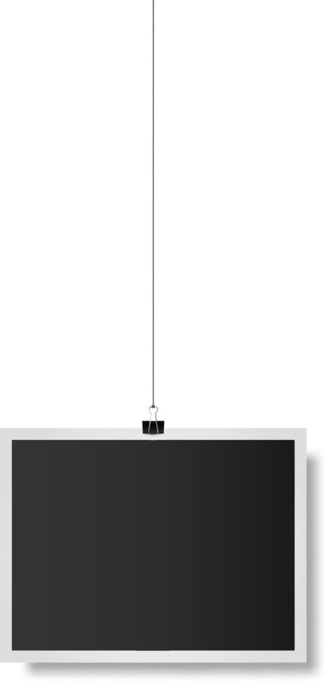 Realistic illustration of a blank hanging photo frame with binder clip mockup template, isolated on white background, ideal for showcasing your designs or images vector