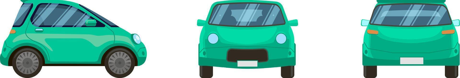 Three views of a green compact car, showcasing its front, side, and rear perspectives, provide a comprehensive visual representation of the vehicle's design and features vector