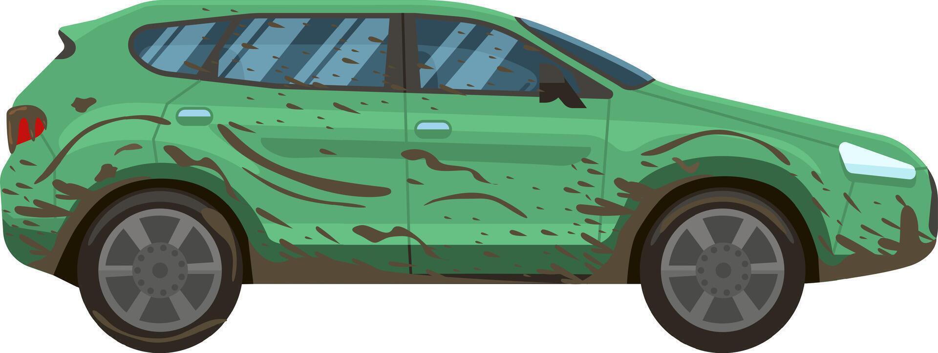 Side view of a green SUV covered in mud, showcasing the aftermath of an adventurous off road trip and highlighting the need for a thorough car wash and cleaning vector