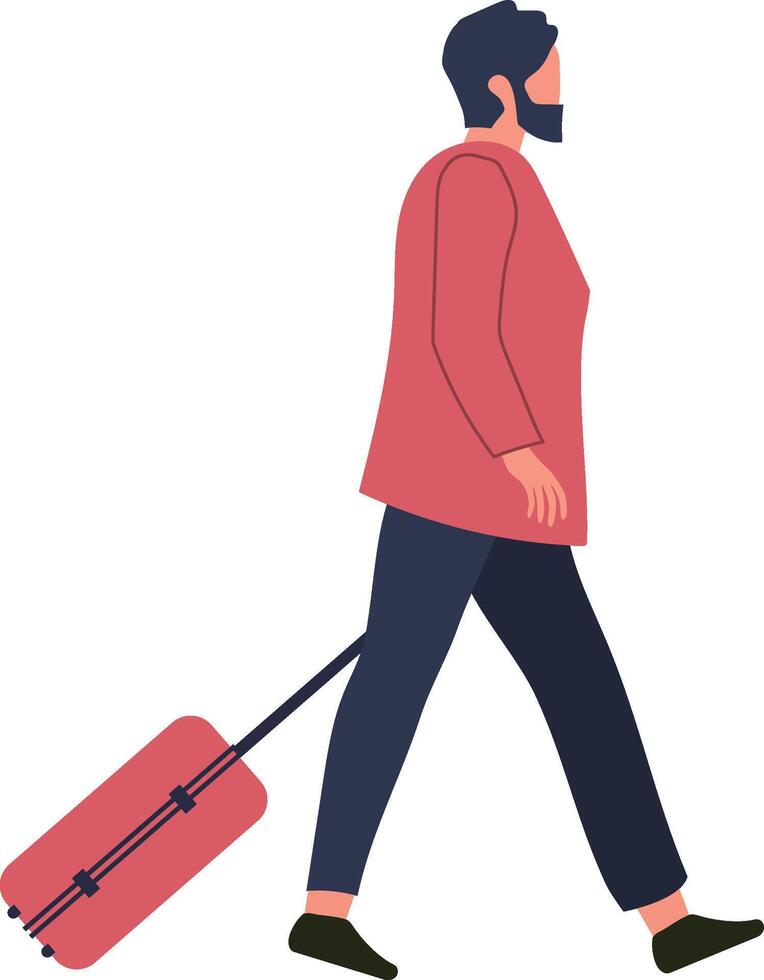 Businessman pulling rolling suitcase at airport terminal, business travel, passenger walking with luggage, business trip concept, flat illustration isolated on white background vector