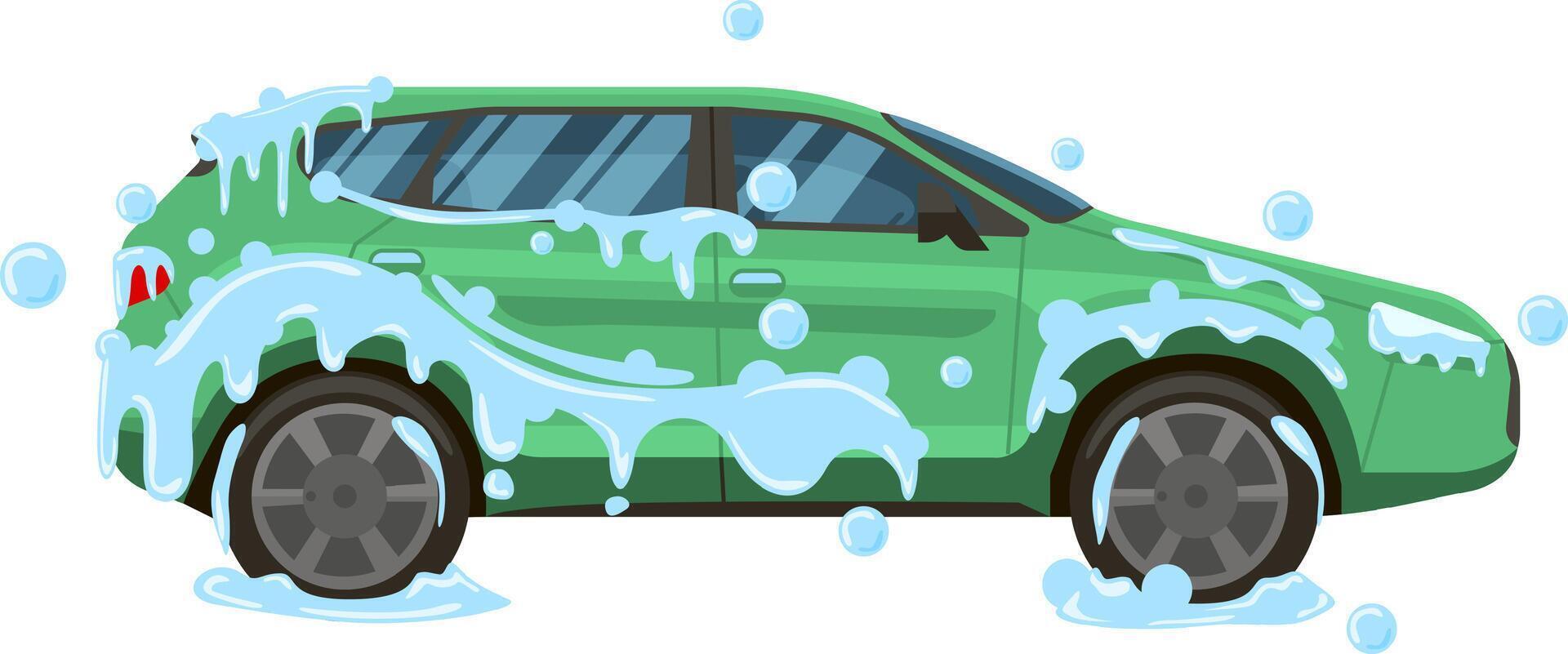 Green car shown in profile view, enjoying a thorough car wash, enveloped in soap suds and water, representing the essence of car cleaning and maintenance vector