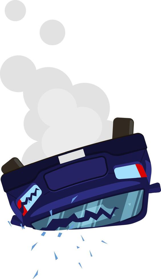 Broken car flipped upside down after a road accident, smoke is coming out from under the hood, the rear window is broken and glass shards are scattered on the ground vector