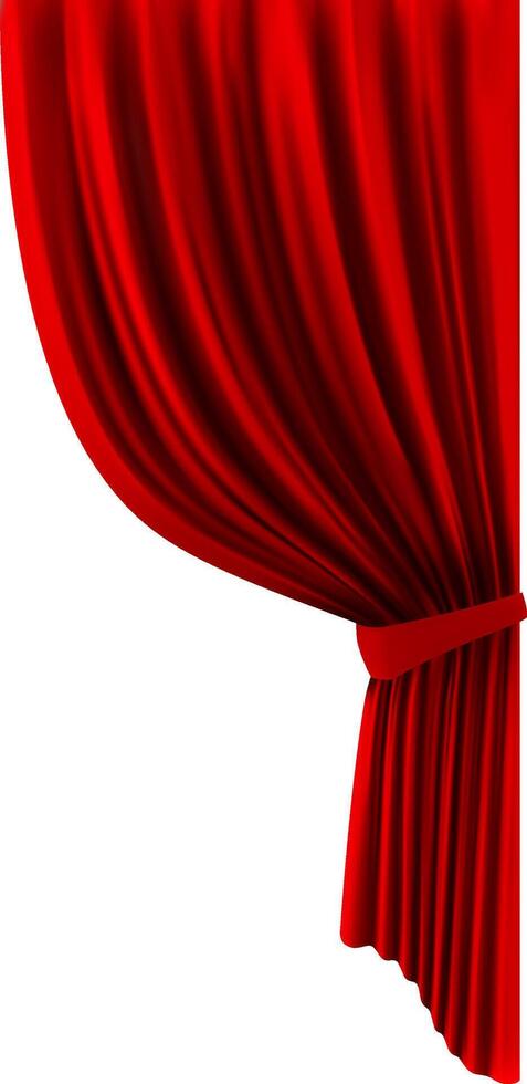 Realistic theatre stage decoration, dramatic red luxurious curtains tied with a ribbon, slightly open on a white background, creating a sense of anticipation and drama vector