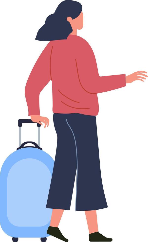 Businesswoman pulling a trolley suitcase through the airport, preparing for an upcoming business trip or vacation, embodying the spirit of travel and tourism vector