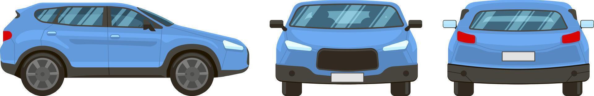 Featuring three illustrations of a light blue generic SUV, presenting front, rear, and side views, all isolated against a clean white background for clarity and focus vector