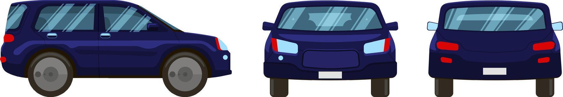 Three views of a dark blue SUV car showcasing its front, side, and rear, perfect for automotive design, advertising, or any project needing a versatile car illustration vector